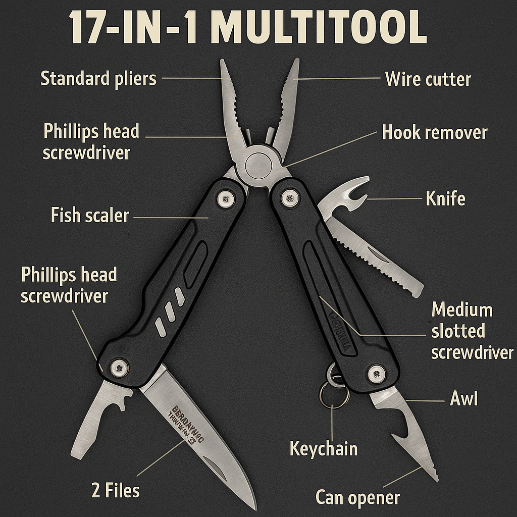 17-in-1 Multitool — Compact EDC Pliers, Knife, Saw & Screwdrivers (Rugged Stainless)