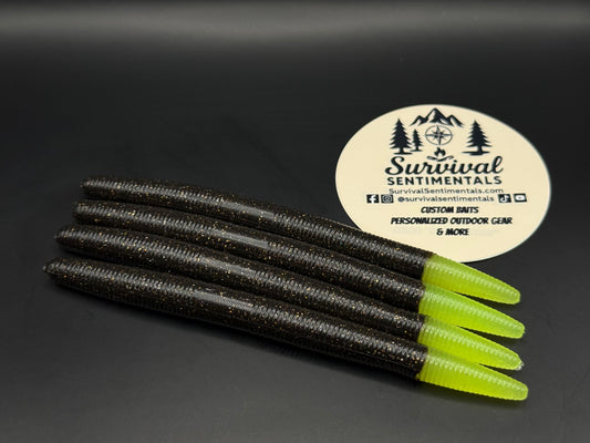 Black and Gold w/ Chartreuse Tip — Black and Gold with Chartreuse Tip 5 inch stick worm soft plastic bass bait by Survival Sentimentals